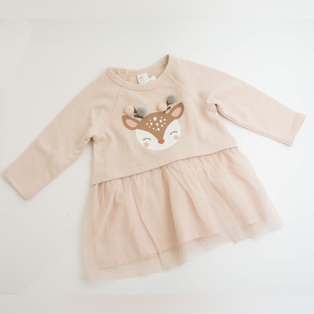 H&M Light Pink Long Sleeve Reindeer Dress NWT